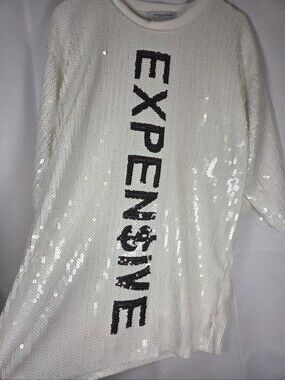 Fancy Dream White Sequin 'Expensive' Tunic Shirt Women's One Size Approx L/XL